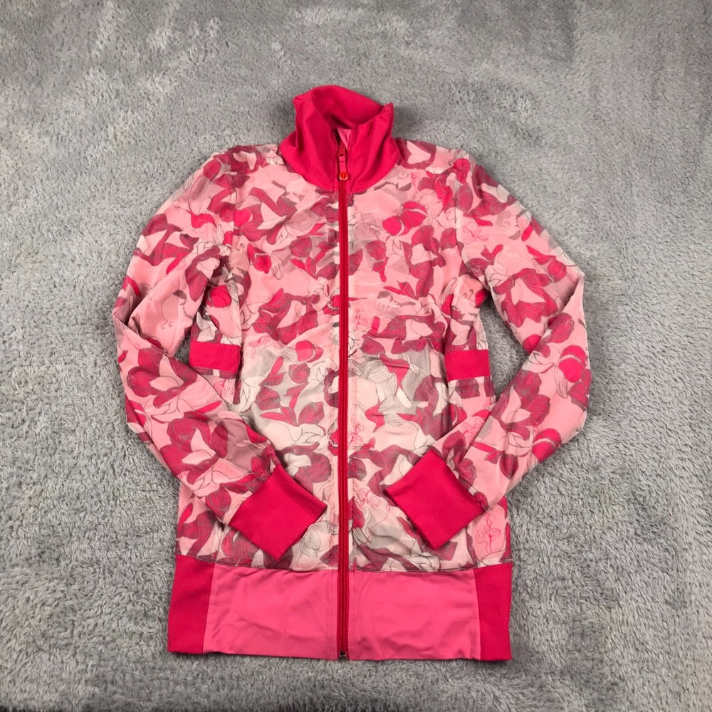 Lululemon Raja Jacket Womens 6 Reversible Pink Floral Mesh/Solid Zip Up Sweater